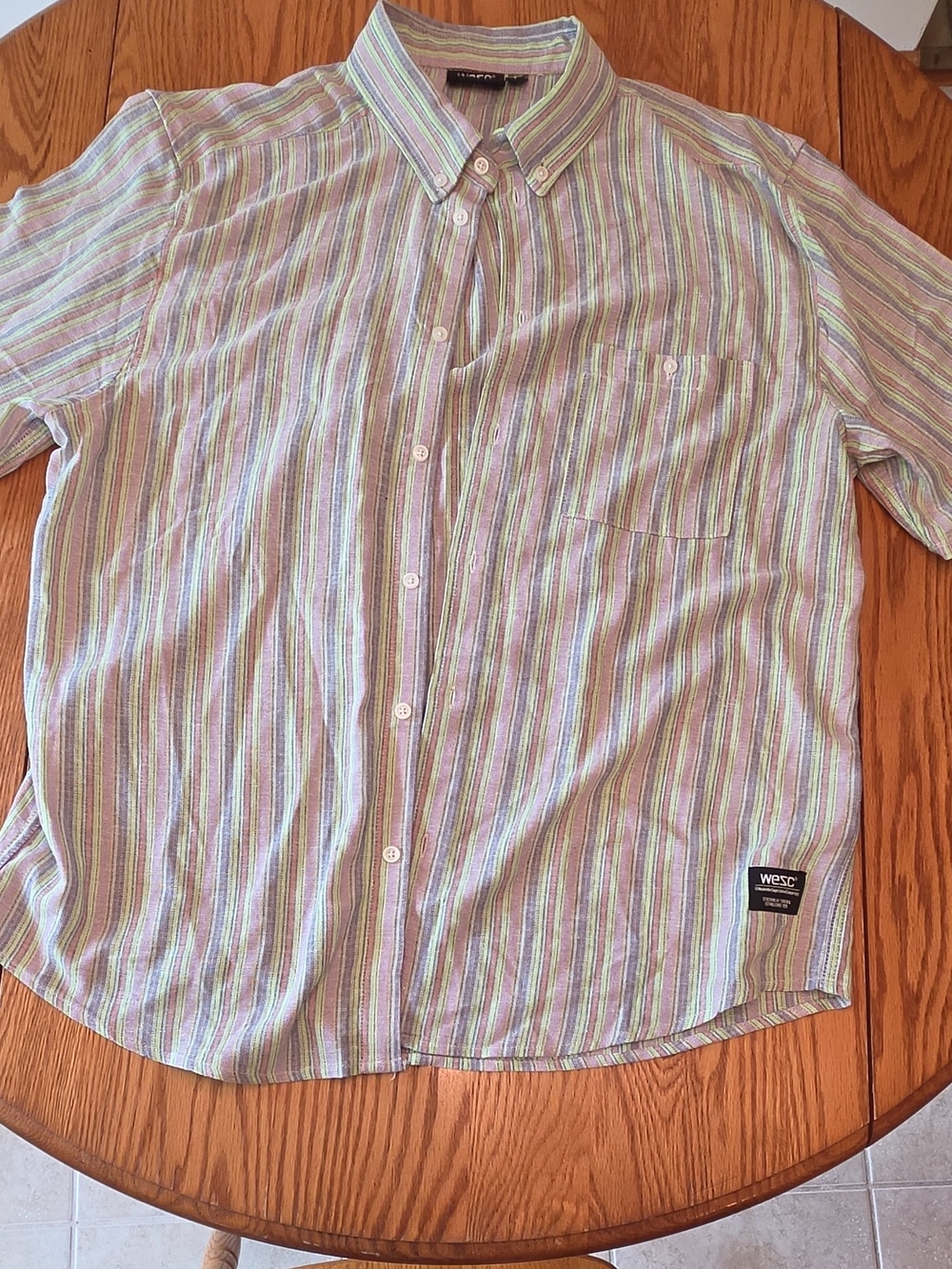 Wesc Men’s Striped Button-Down Shirt in Pastel Green, Purple, and White